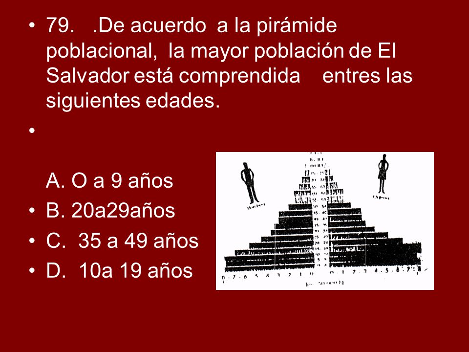 79. .De acuerdo a la pirámide poblacional, la mayor población de El Salvador está comprendida entres las siguientes edades.