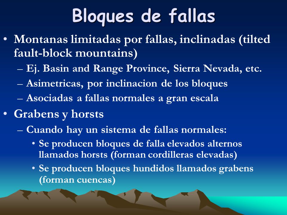 Bloques de fallas Montanas limitadas por fallas, inclinadas (tilted fault-block mountains) Ej. Basin and Range Province, Sierra Nevada, etc.