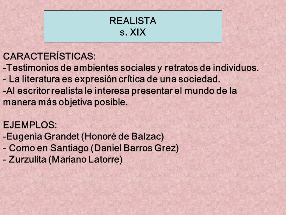 REALISTA s. XIX. CARACTERÍSTICAS: Testimonios de ambientes sociales y retratos de individuos. La literatura es expresión crítica de una sociedad.