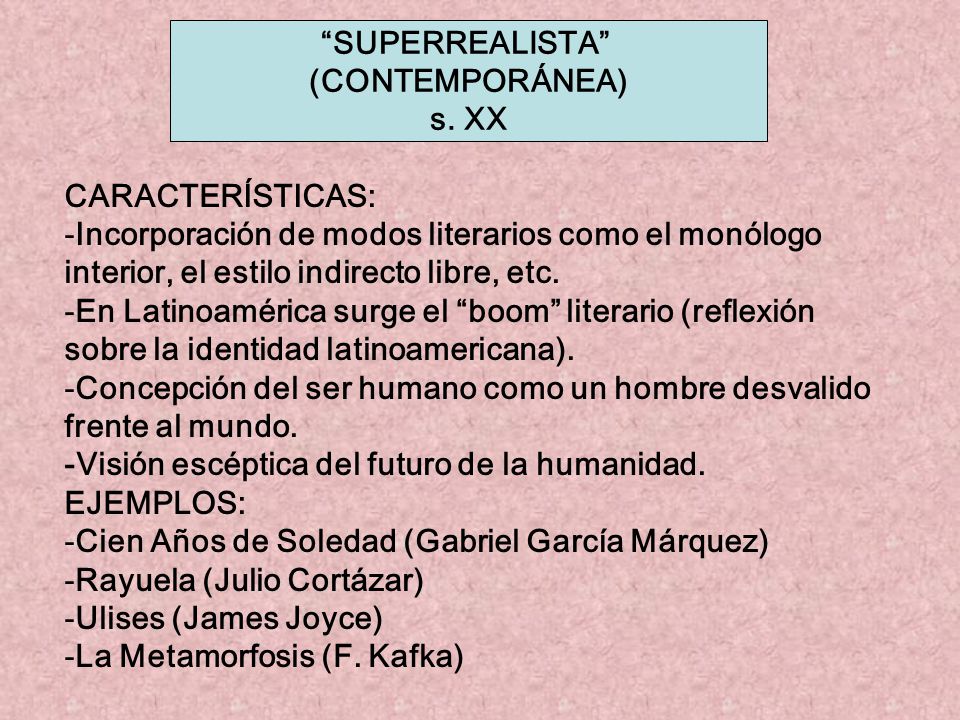 SUPERREALISTA (CONTEMPORÁNEA) s. XX. CARACTERÍSTICAS: Incorporación de modos literarios como el monólogo.
