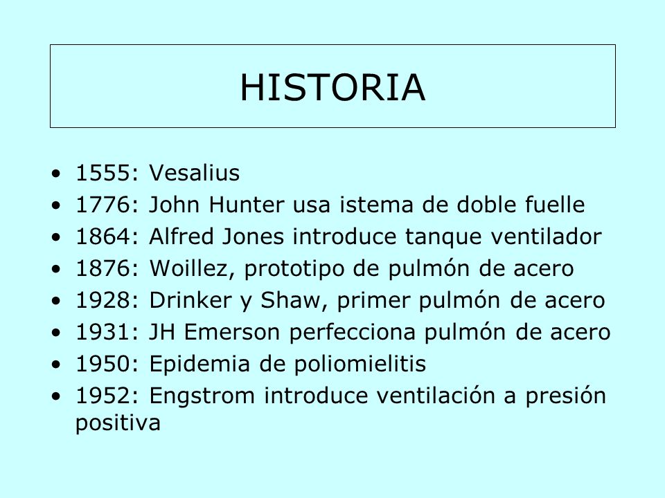 HISTORIA 1555: Vesalius 1776: John Hunter usa istema de doble fuelle