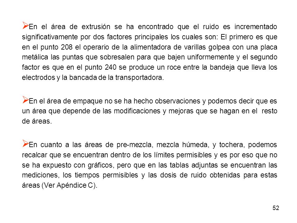 En el área de extrusión se ha encontrado que el ruido es incrementado significativamente por dos factores principales los cuales son: El primero es que en el punto 208 el operario de la alimentadora de varillas golpea con una placa metálica las puntas que sobresalen para que bajen uniformemente y el segundo factor es que en el punto 240 se produce un roce entre la bandeja que lleva los electrodos y la bancada de la transportadora.