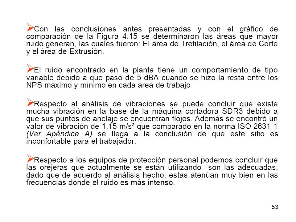 Con las conclusiones antes presentadas y con el gráfico de comparación de la Figura 4.15 se determinaron las áreas que mayor ruido generan, las cuales fueron: El área de Trefilación, el área de Corte y el área de Extrusión.