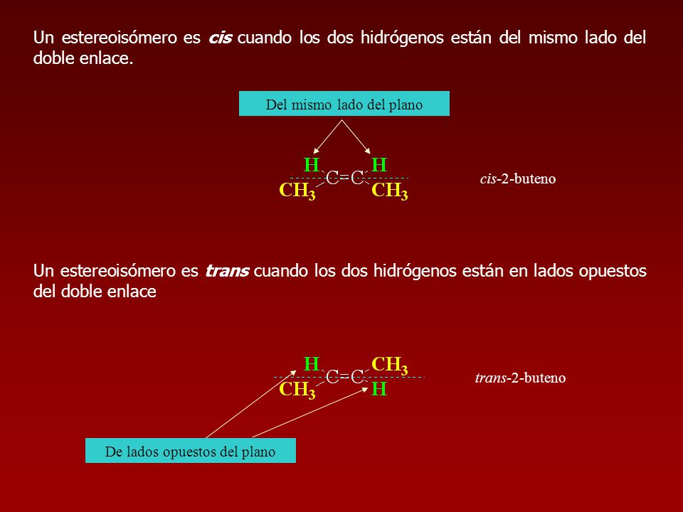 Un estereoisómero es cis cuando los dos hidrógenos están del mismo lado del doble enlace.