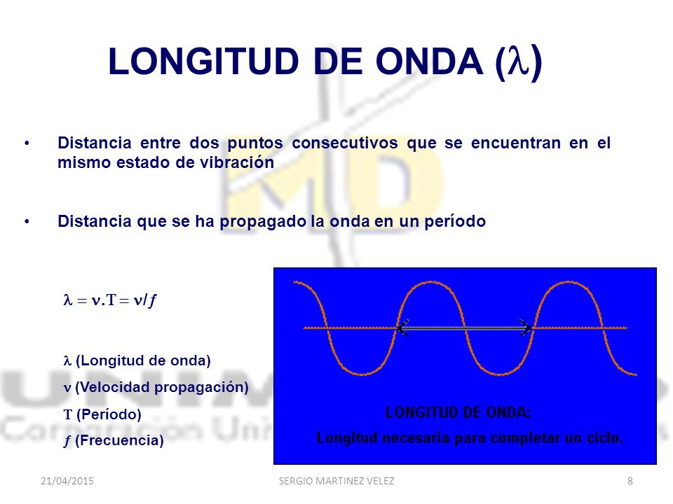LONGITUD DE ONDA () Distancia entre dos puntos consecutivos que se encuentran en el mismo estado de vibración.