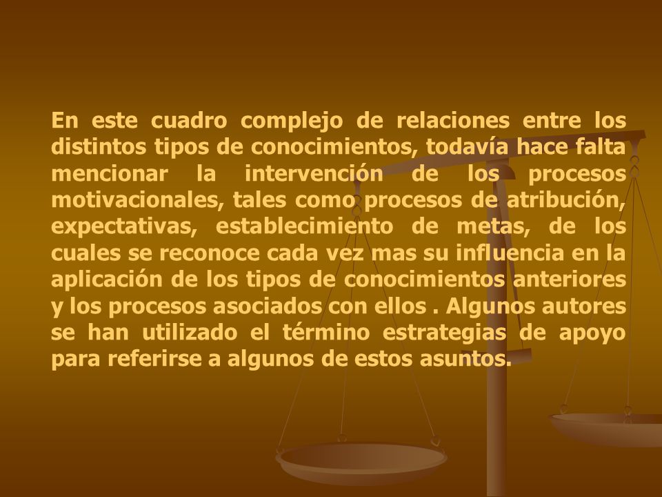En este cuadro complejo de relaciones entre los distintos tipos de conocimientos, todavía hace falta mencionar la intervención de los procesos motivacionales, tales como procesos de atribución, expectativas, establecimiento de metas, de los cuales se reconoce cada vez mas su influencia en la aplicación de los tipos de conocimientos anteriores y los procesos asociados con ellos .