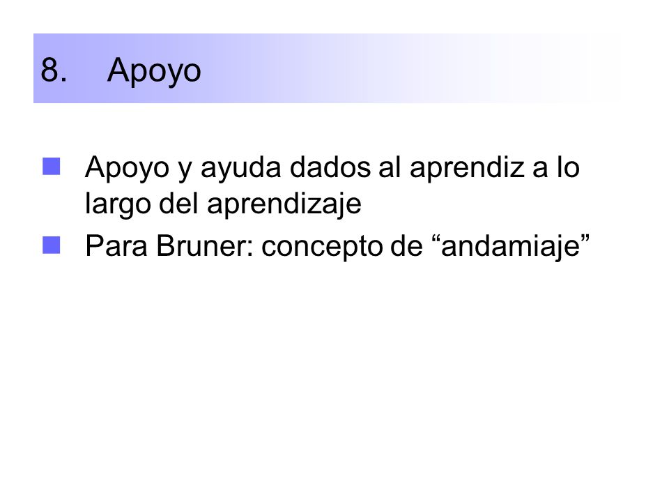 8. Apoyo Apoyo y ayuda dados al aprendiz a lo largo del aprendizaje