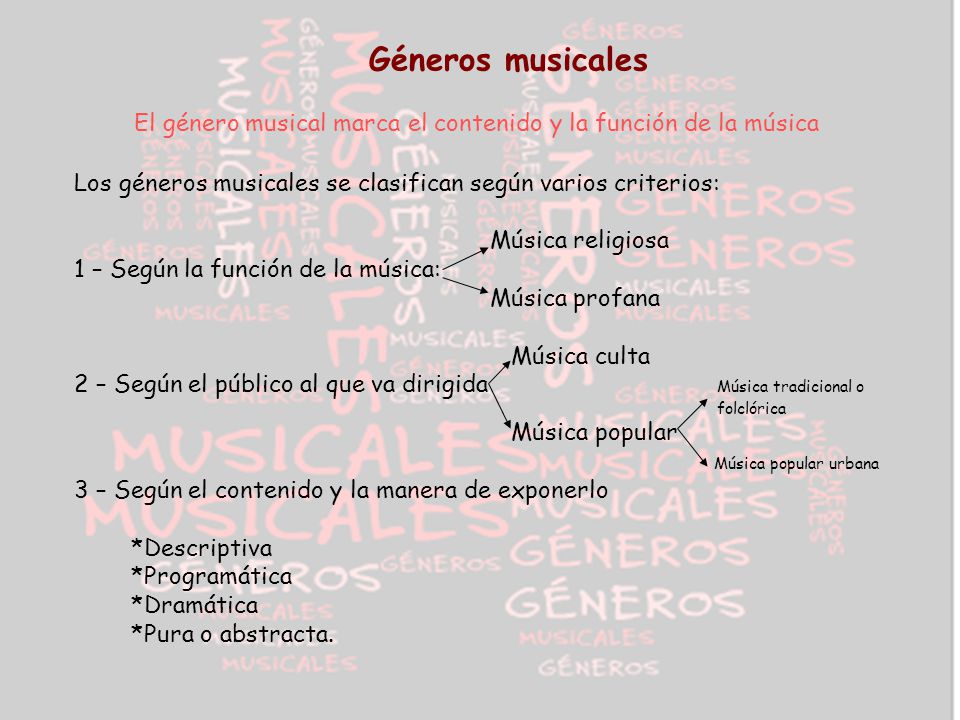 Géneros musicales El género musical marca el contenido y la función de la música. Los géneros musicales se clasifican según varios criterios:
