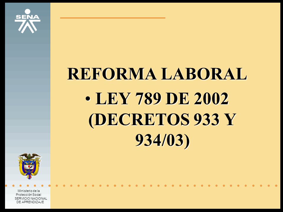 REFORMA LABORAL LEY 789 DE 2002 (DECRETOS 933 Y 934/03)