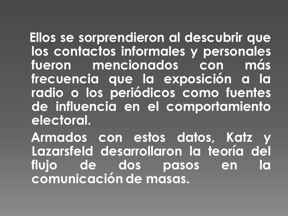 Ellos se sorprendieron al descubrir que los contactos informales y personales fueron mencionados con más frecuencia que la exposición a la radio o los periódicos como fuentes de influencia en el comportamiento electoral.