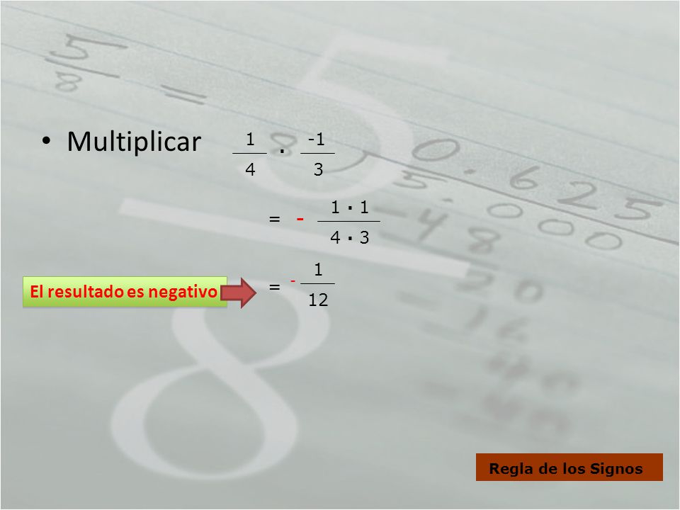 Multiplicar El resultado es negativo 1 4 ∙ 3 = 1 ∙ 1 4 ·