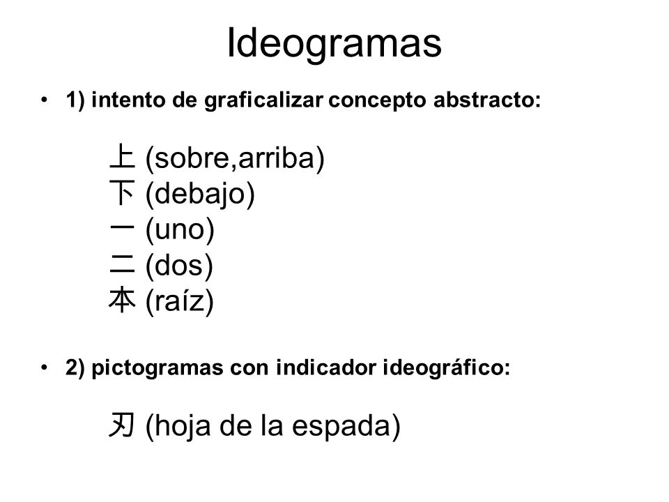 Ideogramas 上 (sobre,arriba) 下 (debajo) 一 (uno) 二 (dos) 本 (raíz)