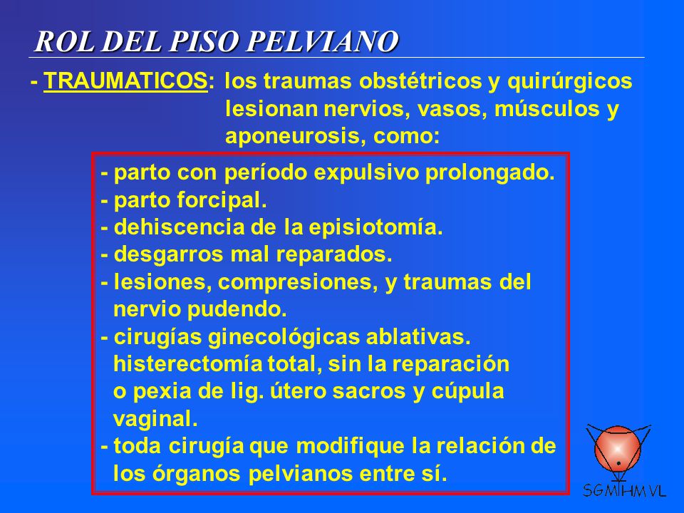 ROL DEL PISO PELVIANO - TRAUMATICOS: los traumas obstétricos y quirúrgicos. lesionan nervios, vasos, músculos y.