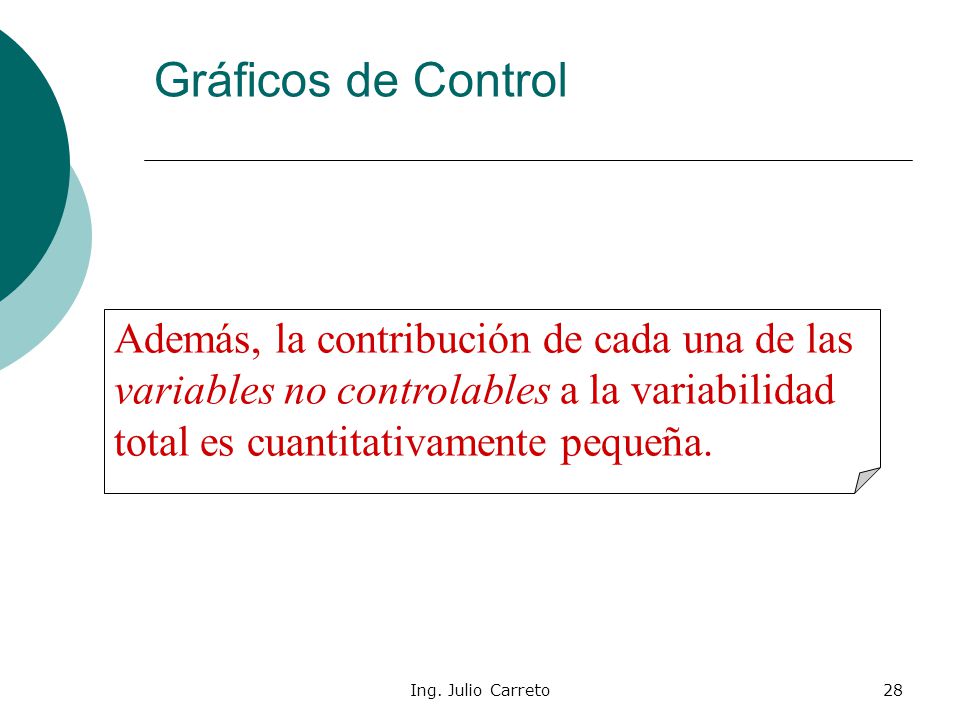 Gráficos de Control Además, la contribución de cada una de las variables no controlables a la variabilidad total es cuantitativamente pequeña.
