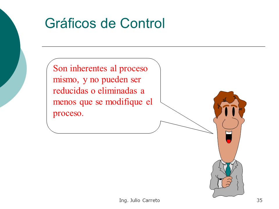 Gráficos de Control Son inherentes al proceso mismo, y no pueden ser reducidas o eliminadas a menos que se modifique el proceso.
