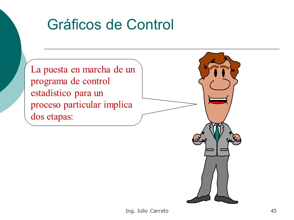 Gráficos de Control La puesta en marcha de un programa de control estadístico para un proceso particular implica dos etapas: