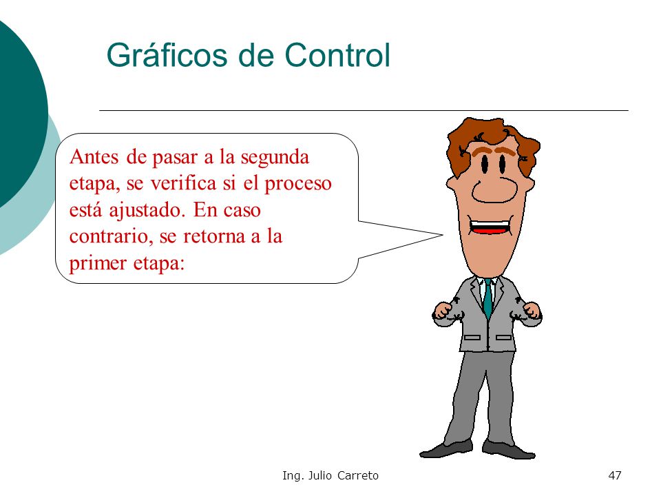 Gráficos de Control Antes de pasar a la segunda etapa, se verifica si el proceso está ajustado. En caso contrario, se retorna a la primer etapa: