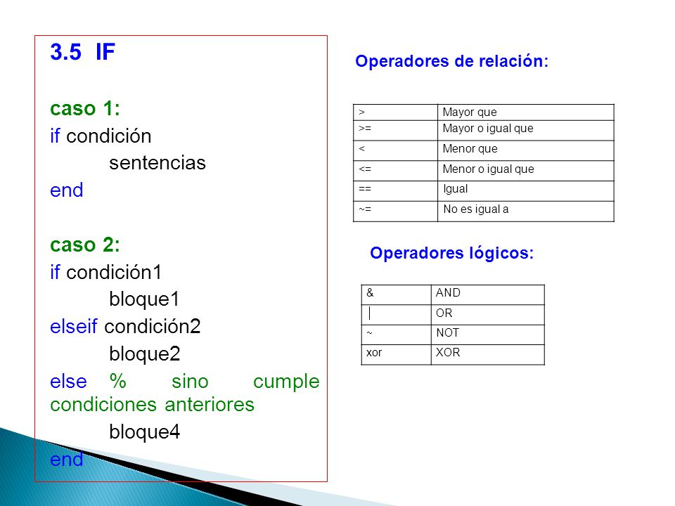 3.5 IF caso 1: if condición sentencias end caso 2: if condición1