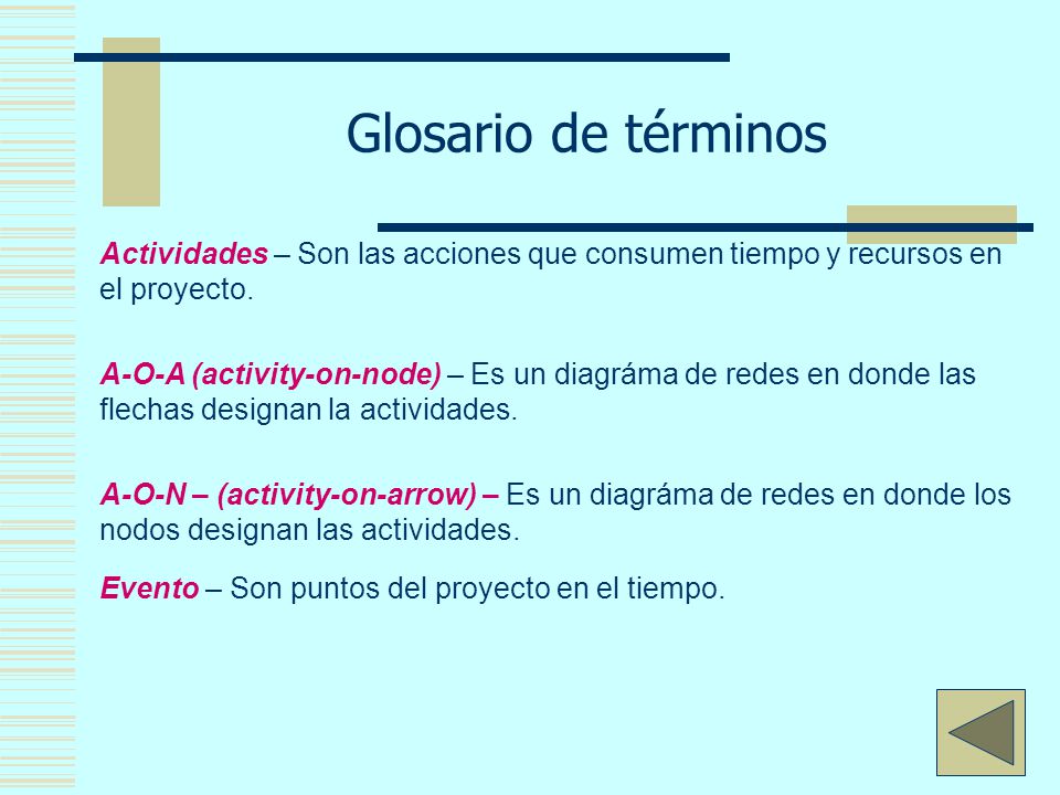 Glosario de términos Actividades – Son las acciones que consumen tiempo y recursos en el proyecto.