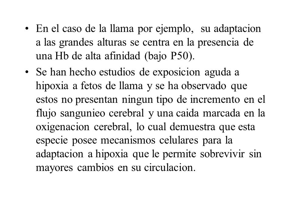 En el caso de la llama por ejemplo, su adaptacion a las grandes alturas se centra en la presencia de una Hb de alta afinidad (bajo P50).