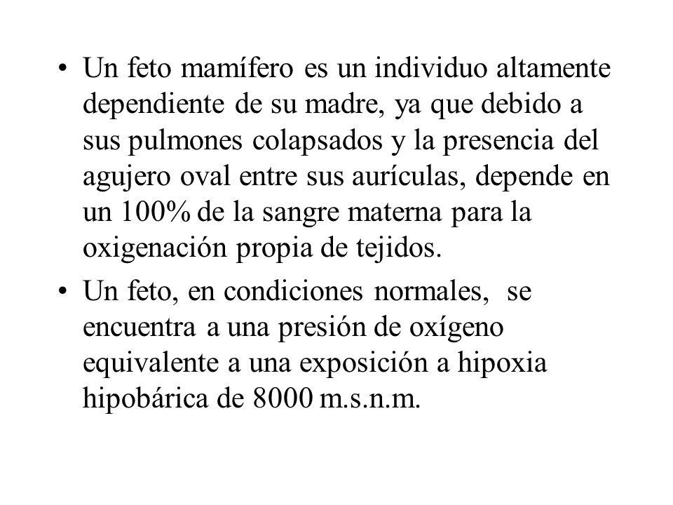 Un feto mamífero es un individuo altamente dependiente de su madre, ya que debido a sus pulmones colapsados y la presencia del agujero oval entre sus aurículas, depende en un 100% de la sangre materna para la oxigenación propia de tejidos.