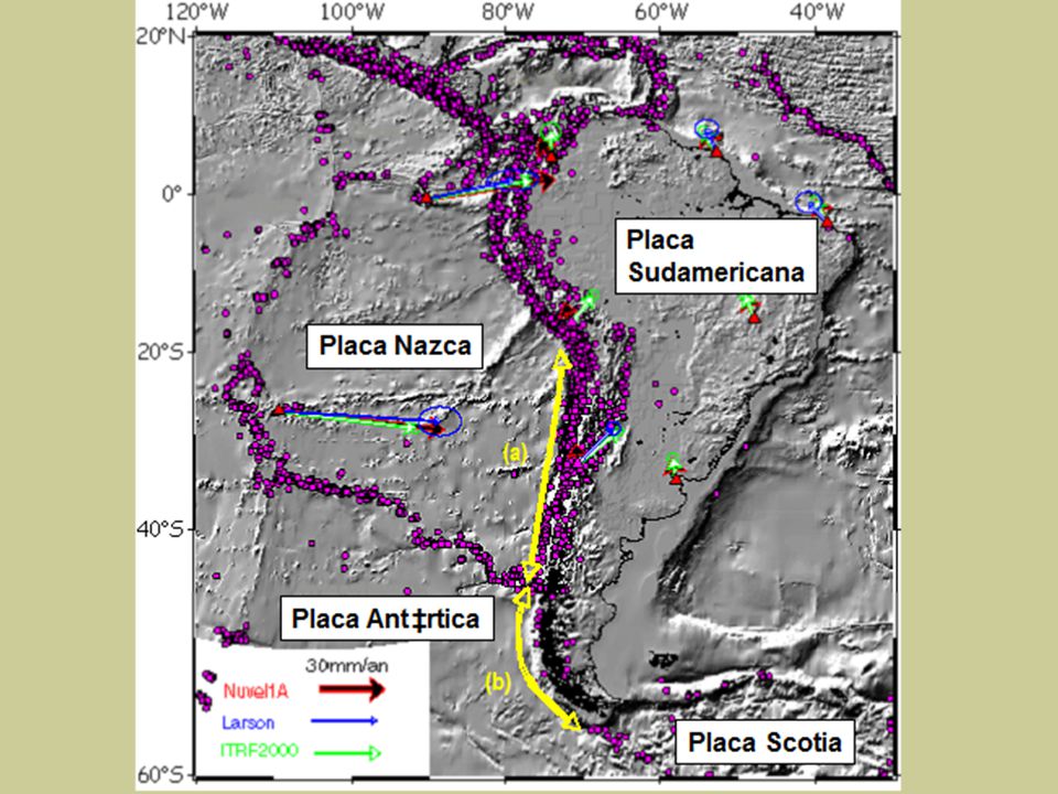 Configuracion de placas, Chile en la convergencia de dos placas, nazca-Sudamericana en su segmento norte, y Antartica-Sudamericana al sur de la peniunsula de Taitao.