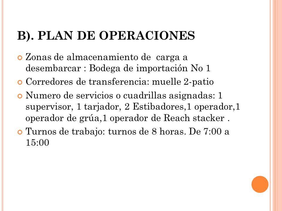 B). PLAN DE OPERACIONES Zonas de almacenamiento de carga a desembarcar : Bodega de importación No 1.
