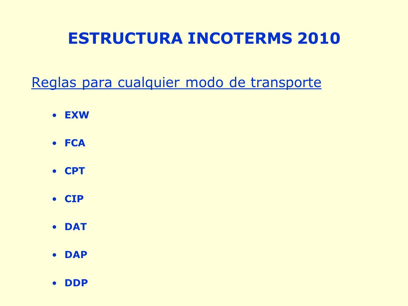 ESTRUCTURA INCOTERMS 2010 Reglas para cualquier modo de transporte EXW
