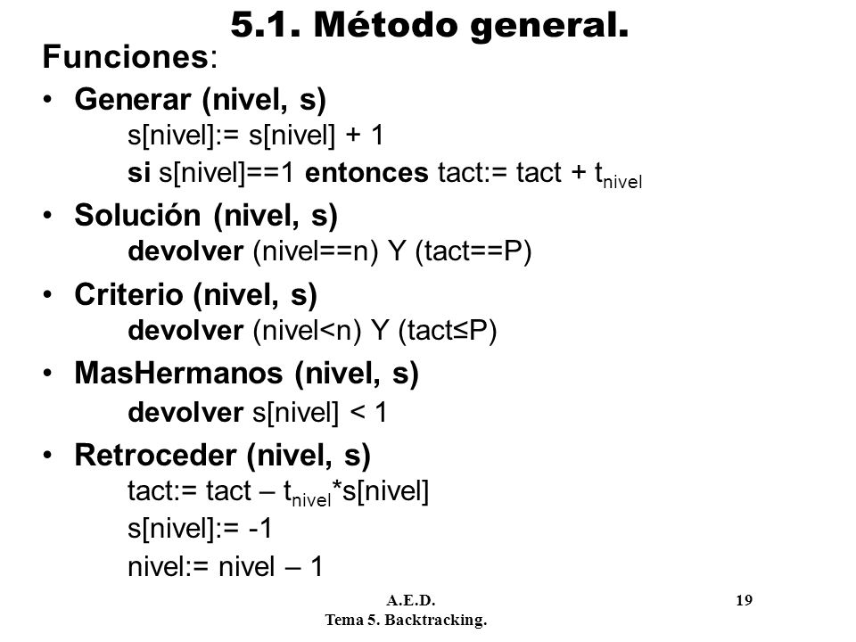 5.1. Método general. Funciones: Generar (nivel, s) Solución (nivel, s)