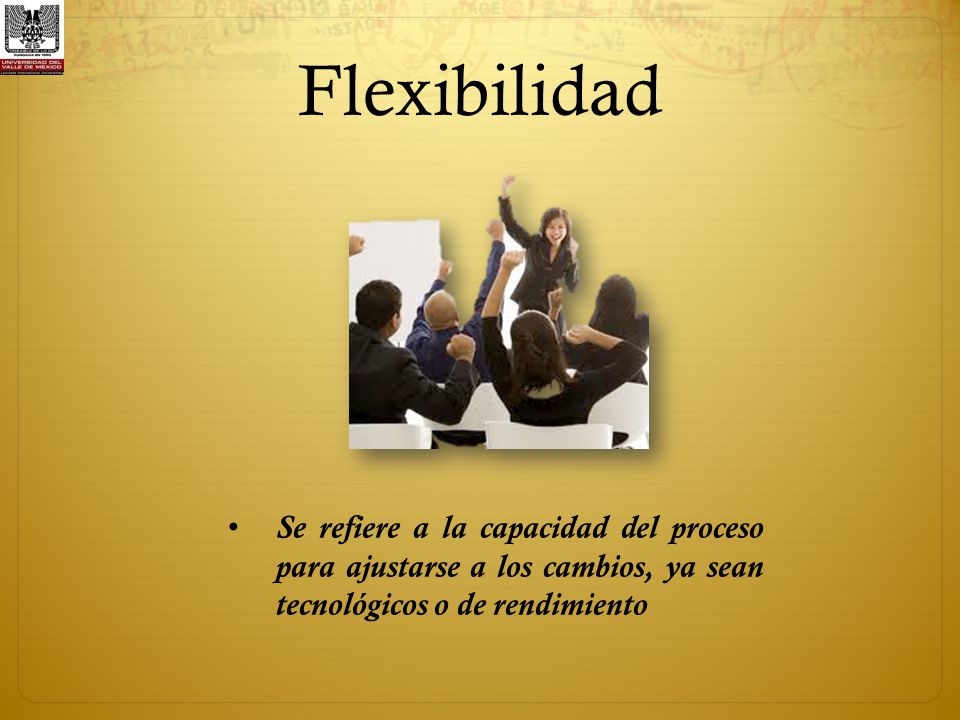 Flexibilidad Se refiere a la capacidad del proceso para ajustarse a los cambios, ya sean tecnológicos o de rendimiento.