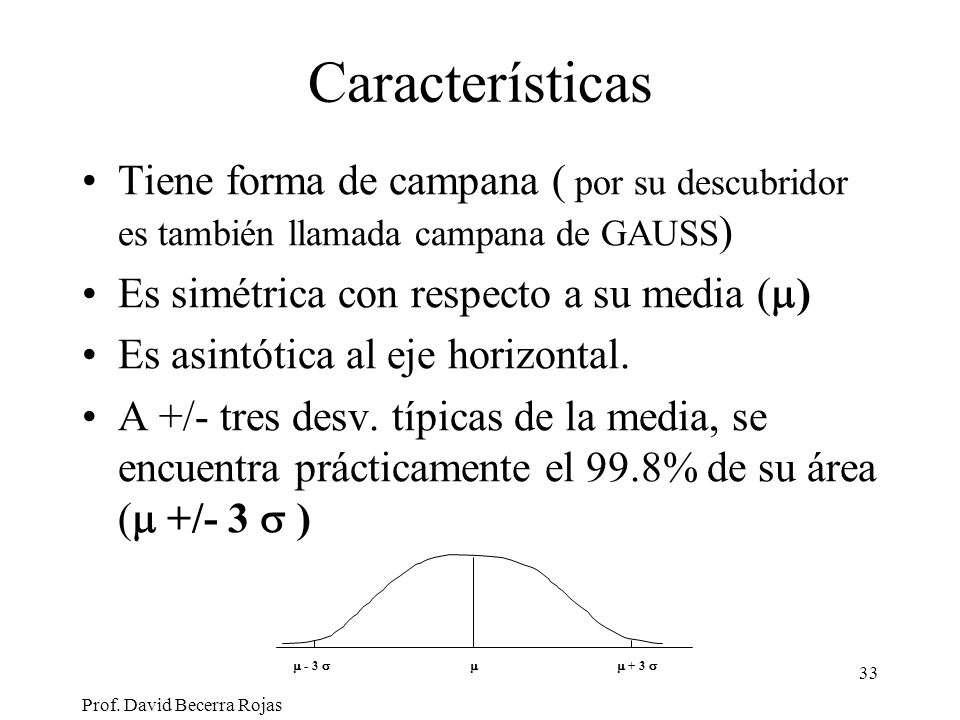 Características Tiene forma de campana ( por su descubridor es también llamada campana de GAUSS) Es simétrica con respecto a su media ()