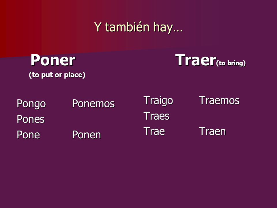 Poner Traer(to bring) Y también hay… Traigo Traemos Pongo Ponemos