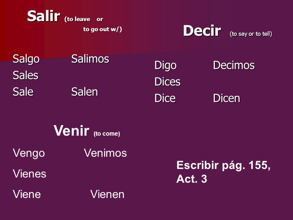 Venir (to come) Salir (to leave or Decir (to say or to tell)