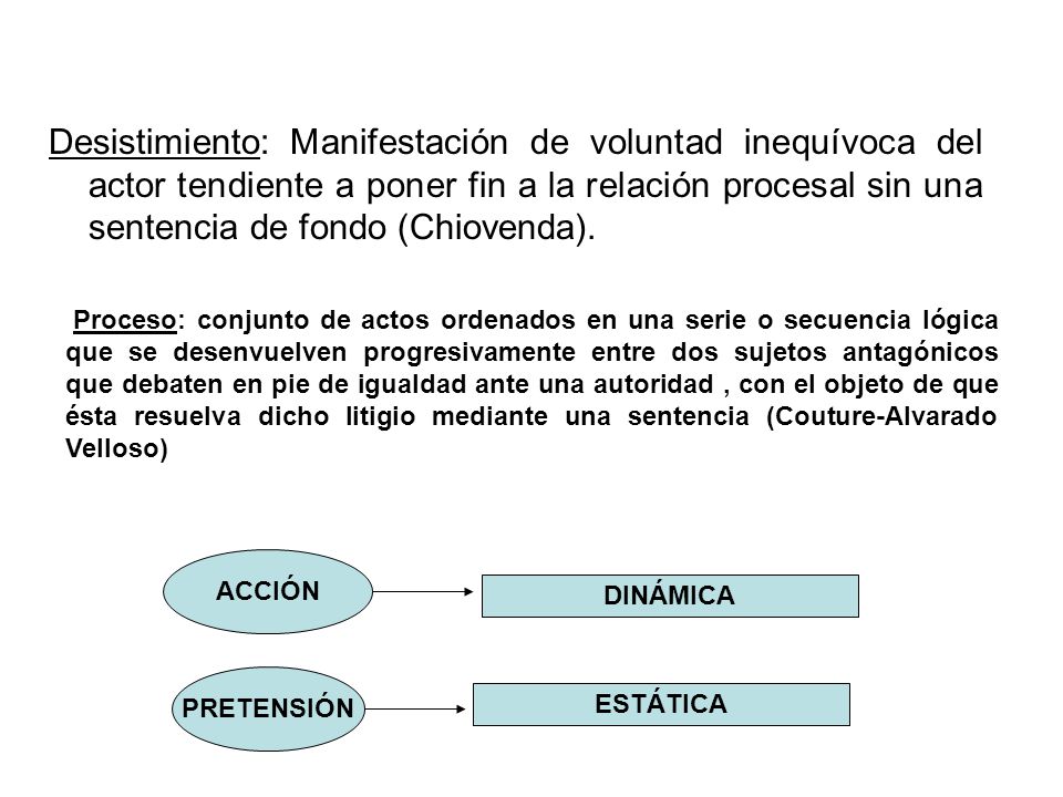Desistimiento: Manifestación de voluntad inequívoca del actor tendiente a poner fin a la relación procesal sin una sentencia de fondo (Chiovenda).