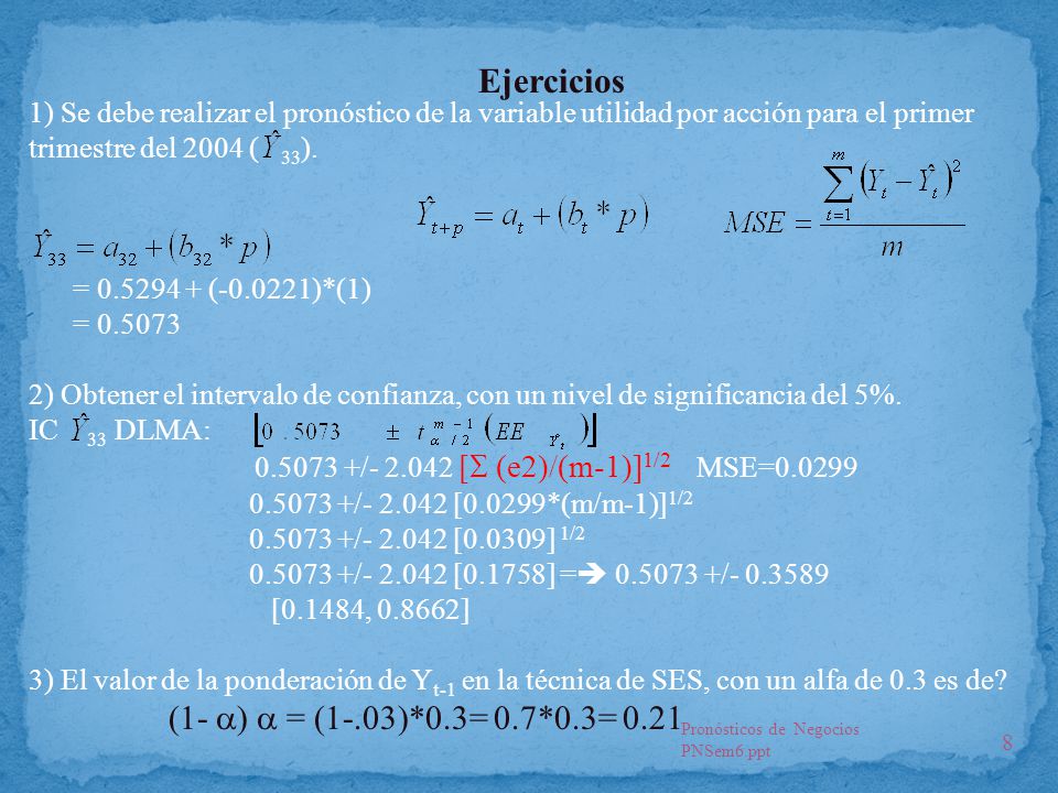 Ejercicios 1) Se debe realizar el pronóstico de la variable utilidad por acción para el primer trimestre del 2004 ( 33).