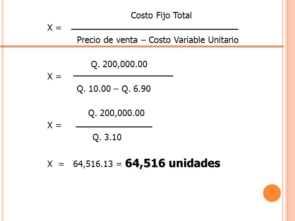 Costo Fijo Total X = Precio de venta – Costo Variable Unitario