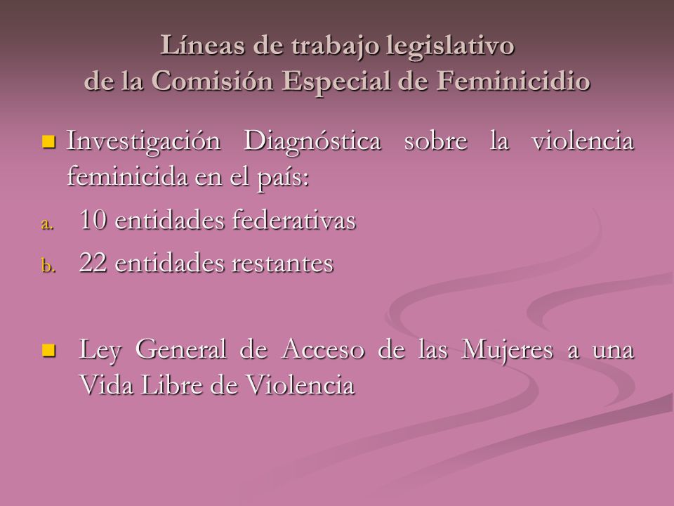 Líneas de trabajo legislativo de la Comisión Especial de Feminicidio