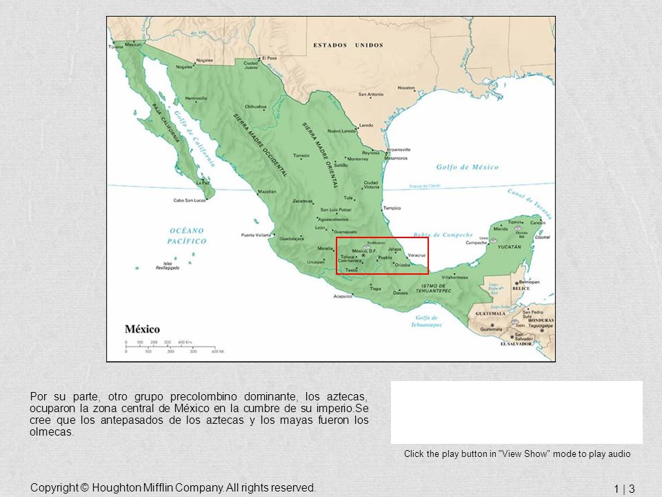 Por su parte, otro grupo precolombino dominante, los aztecas, ocuparon la zona central de México en la cumbre de su imperio.Se cree que los antepasados de los aztecas y los mayas fueron los olmecas.