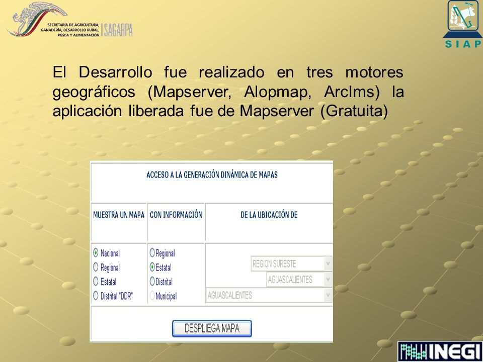 El Desarrollo fue realizado en tres motores geográficos (Mapserver, Alopmap, ArcIms) la aplicación liberada fue de Mapserver (Gratuita)