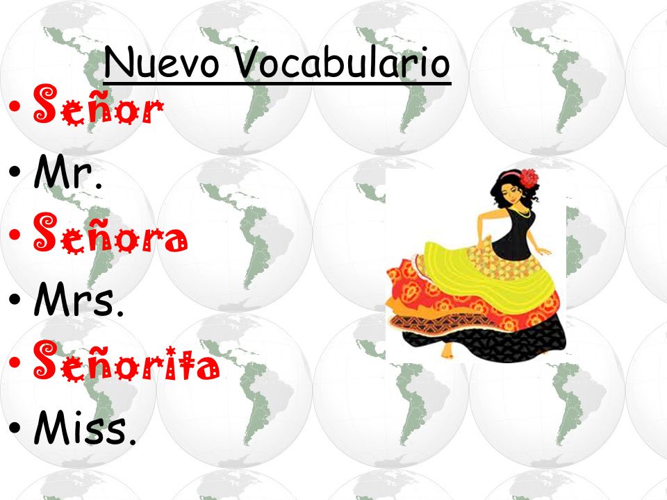 Nuevo Vocabulario Señor Mr. Señora Mrs. Señorita Miss.