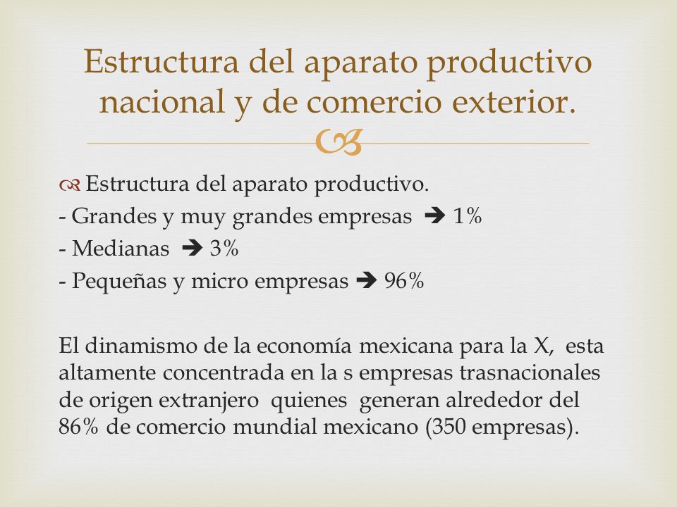 Estructura del aparato productivo nacional y de comercio exterior.