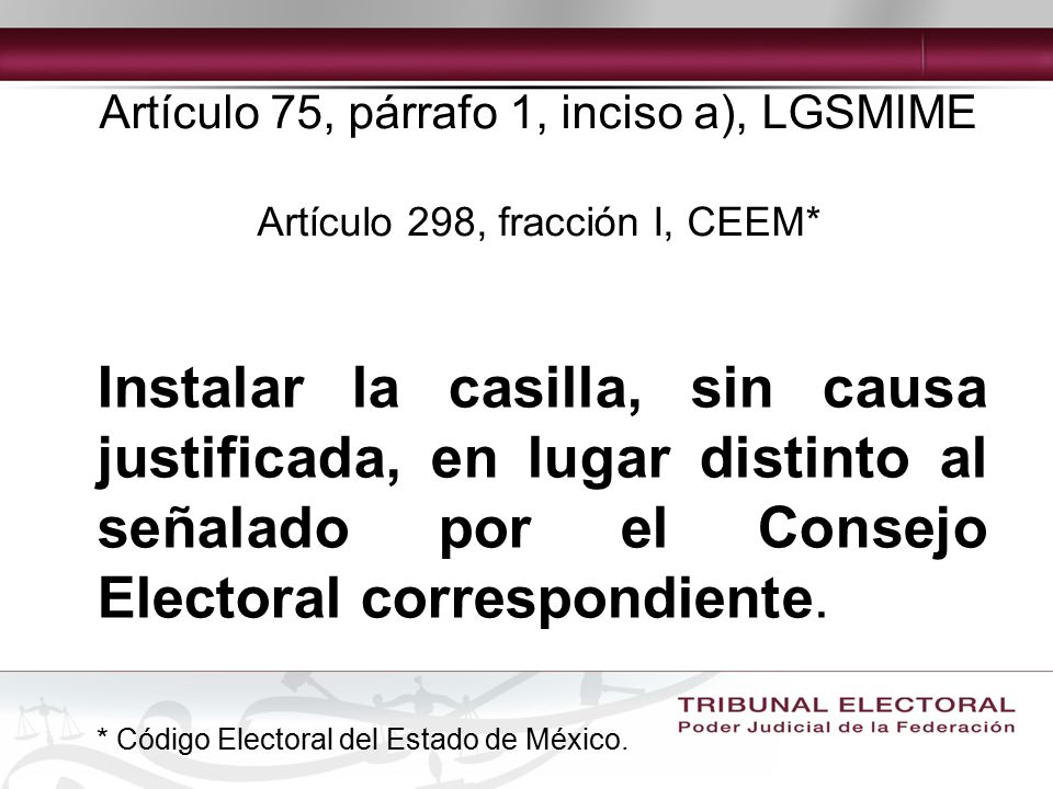 Artículo 75, párrafo 1, inciso a), LGSMIME Artículo 298, fracción I, CEEM*