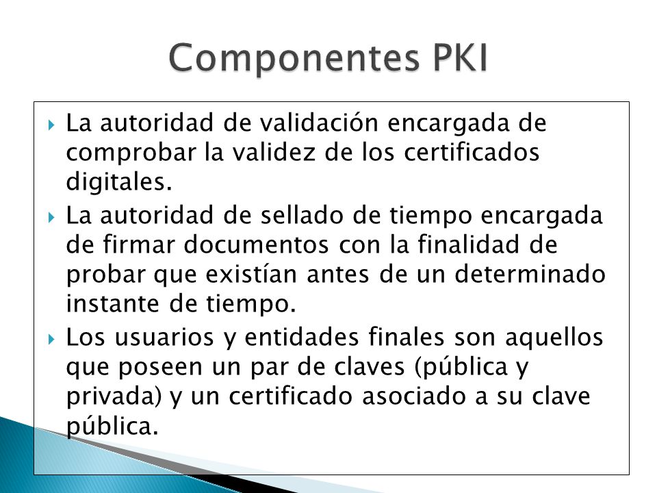 Componentes PKI La autoridad de validación encargada de comprobar la validez de los certificados digitales.