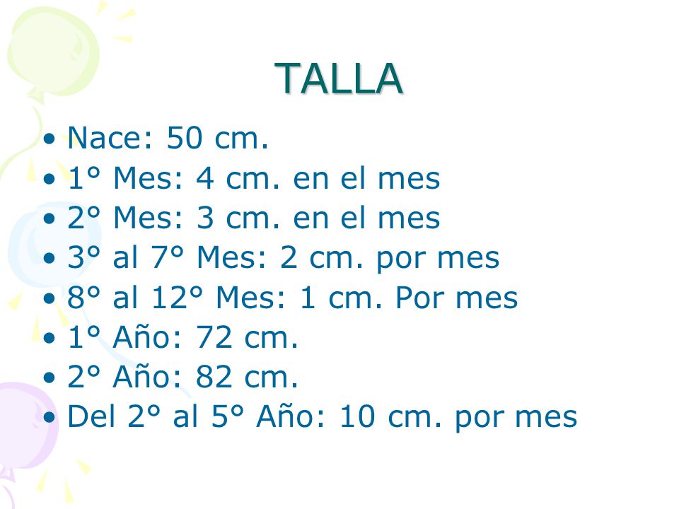TALLA Nace: 50 cm. 1° Mes: 4 cm. en el mes 2° Mes: 3 cm. en el mes