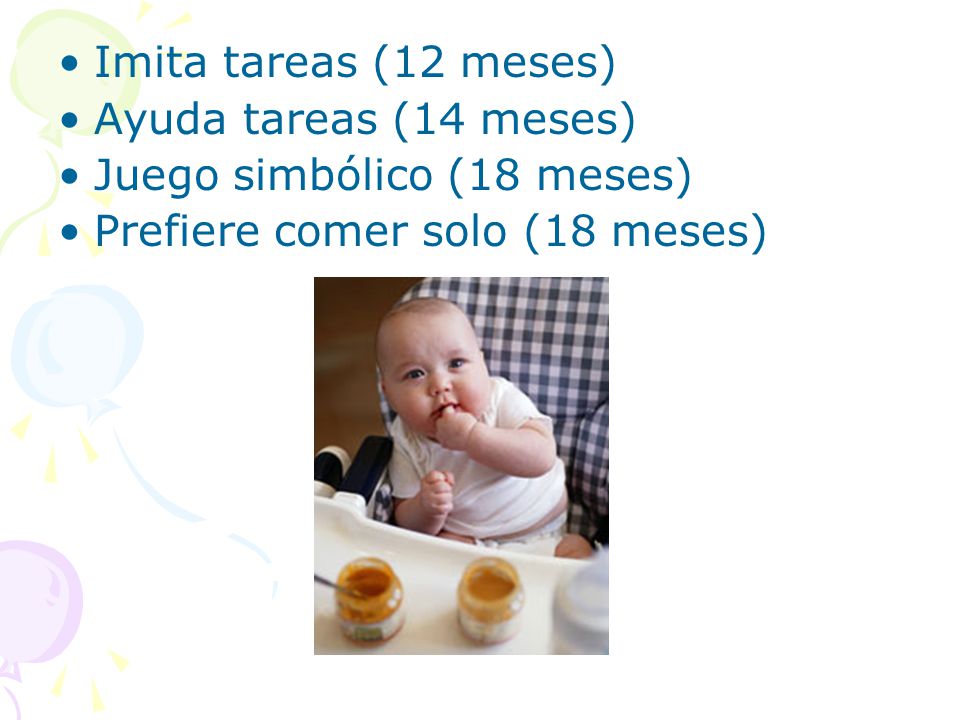 Imita tareas (12 meses) Ayuda tareas (14 meses) Juego simbólico (18 meses) Prefiere comer solo (18 meses)
