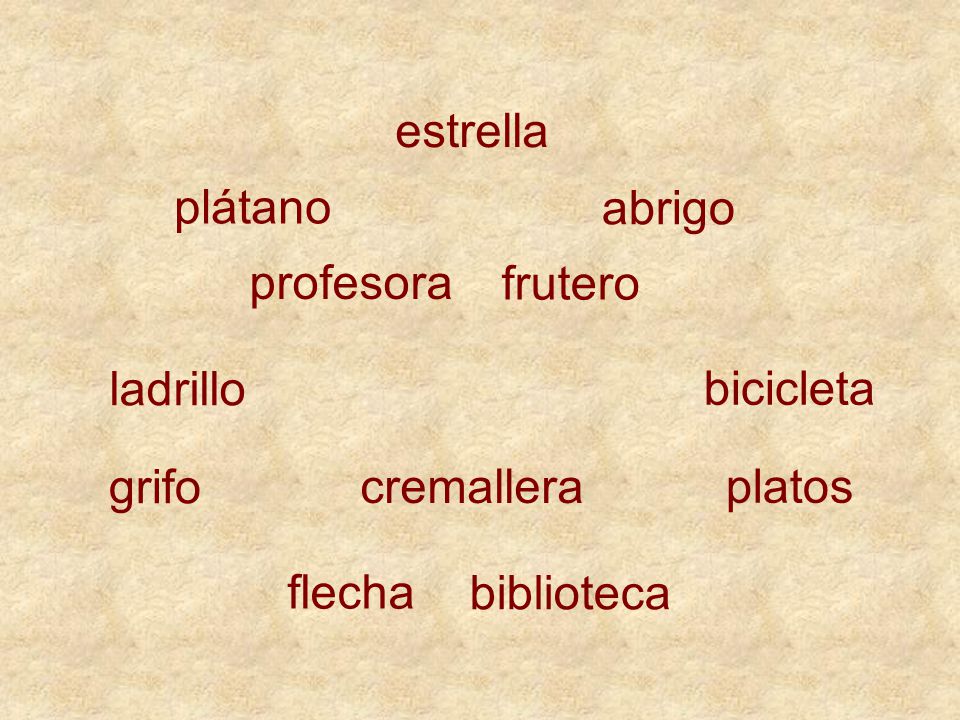 estrella plátano. abrigo. profesora. frutero. ladrillo. bicicleta. grifo. cremallera. platos.