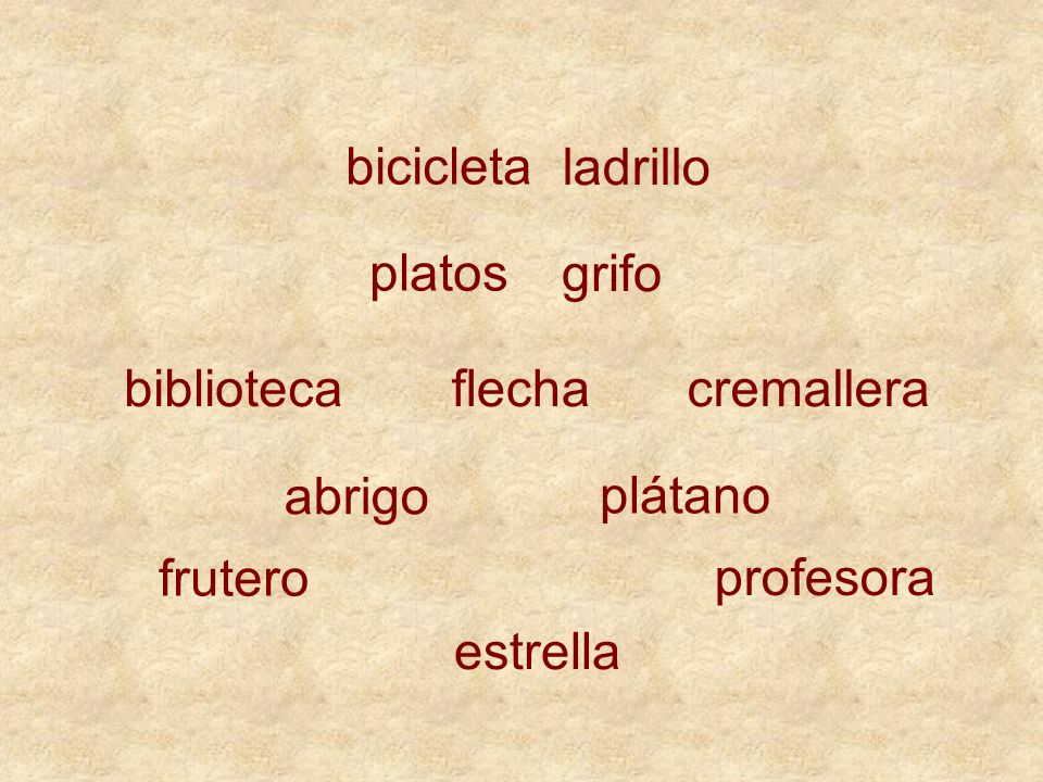bicicleta ladrillo. platos. grifo. biblioteca. flecha. cremallera. abrigo. plátano. frutero.