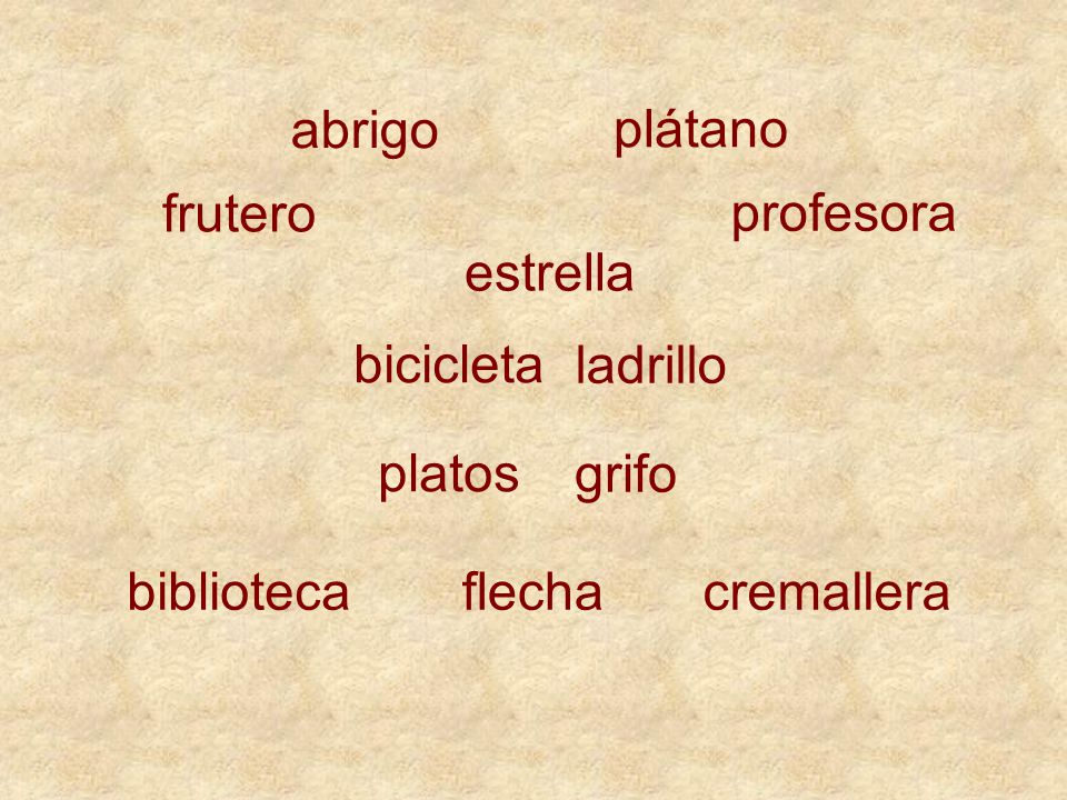 abrigo plátano. frutero. profesora. estrella. bicicleta. ladrillo. platos. grifo. biblioteca.