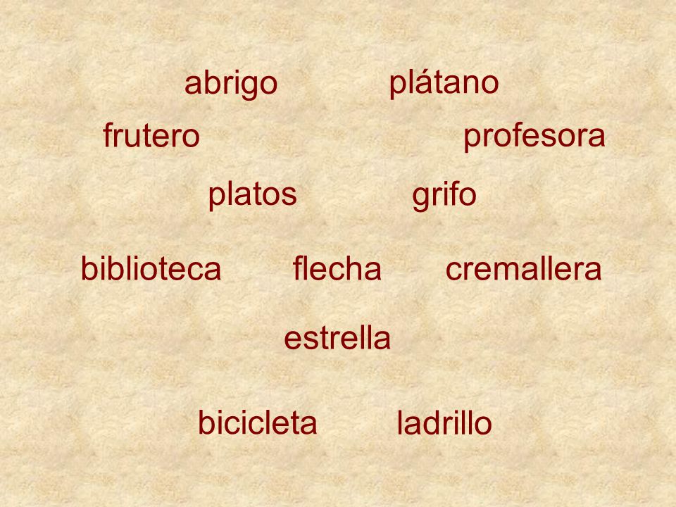 abrigo plátano. frutero. profesora. platos. grifo. biblioteca. flecha. cremallera. estrella.