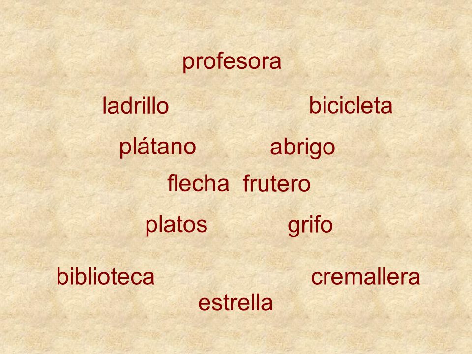 profesora ladrillo. bicicleta. plátano. abrigo. flecha. frutero. platos. grifo. biblioteca.